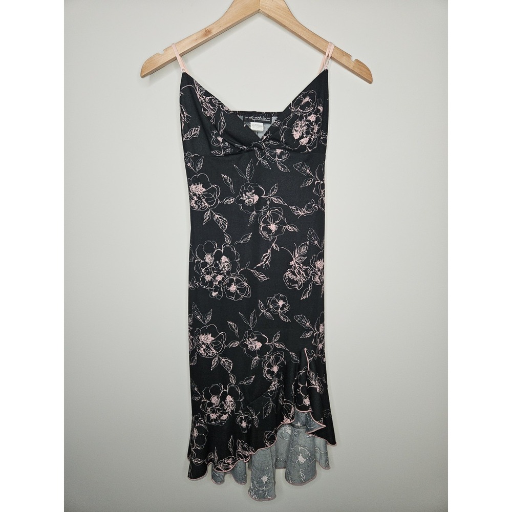 Vtg City Triangles Dress S Black Pink Floral Babydoll Y2k Assymetric Hem Fairy